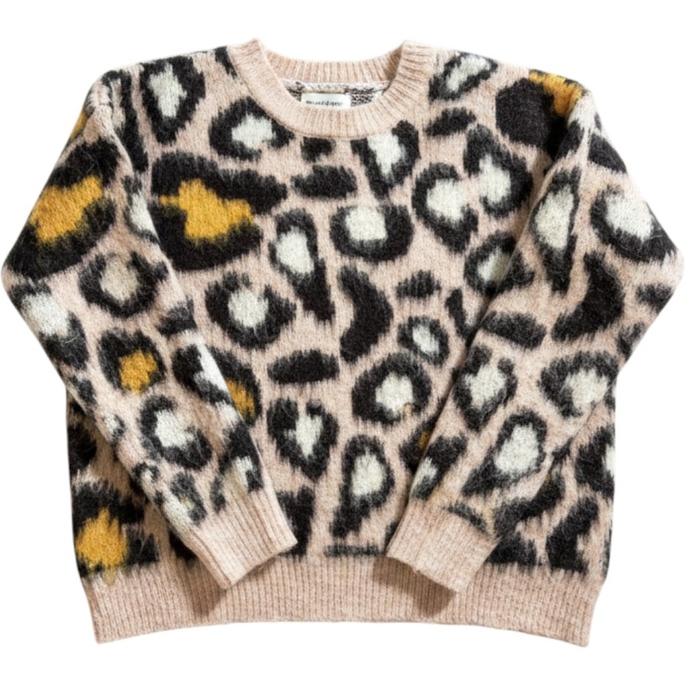 SILVERFLINT Womens Animal Print Crew Neck Sweater Fuzzy Leopard Cheetah Y2K XS